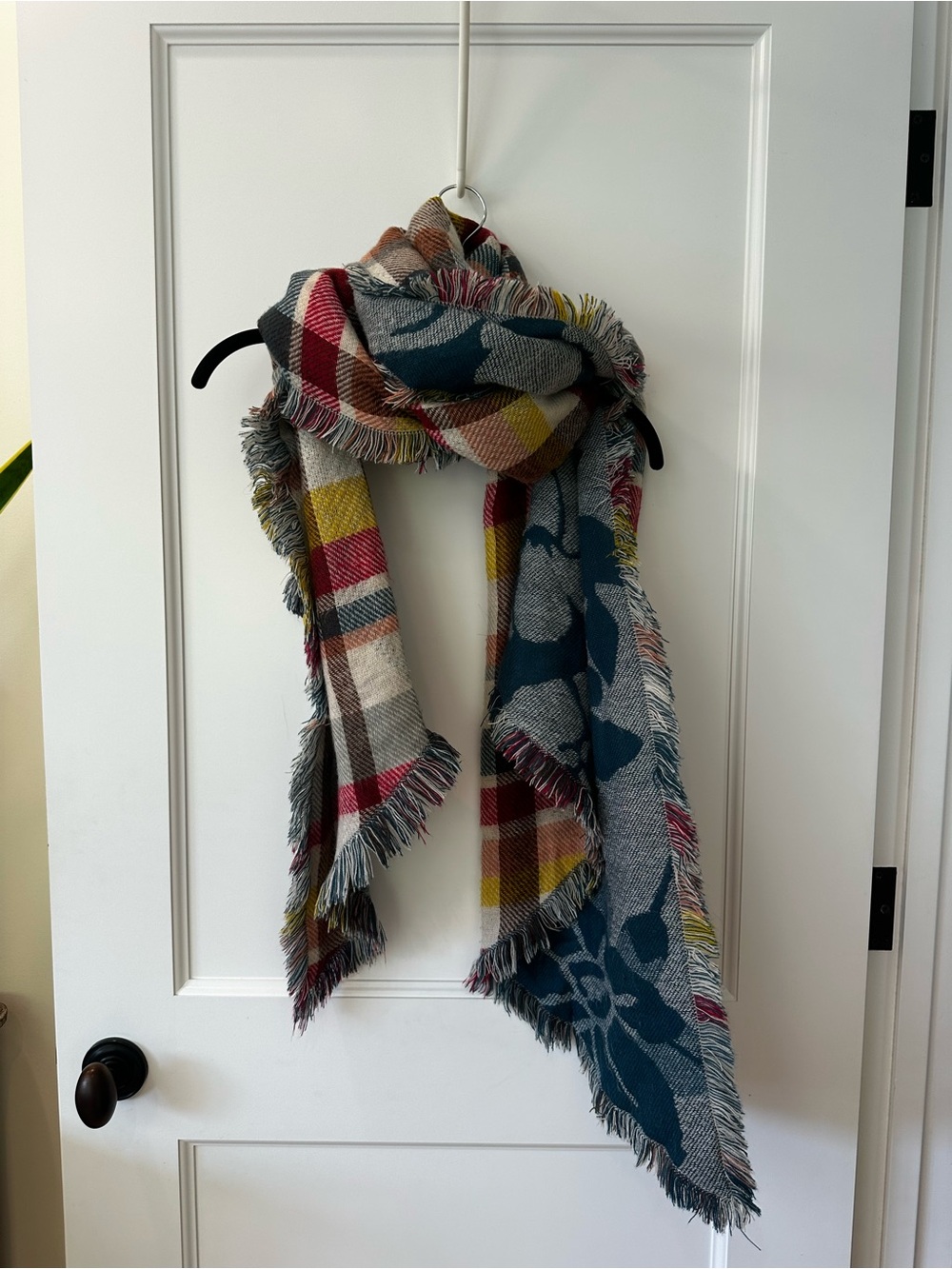 Plaid & Floral Double Sided Fringe Blanket Scarf in Blue, Yellow, Red